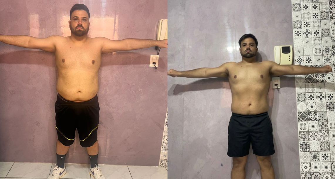 Transformação corporal de aluno do Matheus Trujillo após consultoria online – antes e depois
